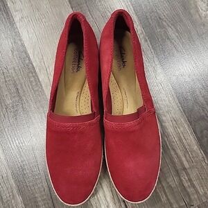 Clarks Collection Suede Slip On Shoes, Red, Size 9.5